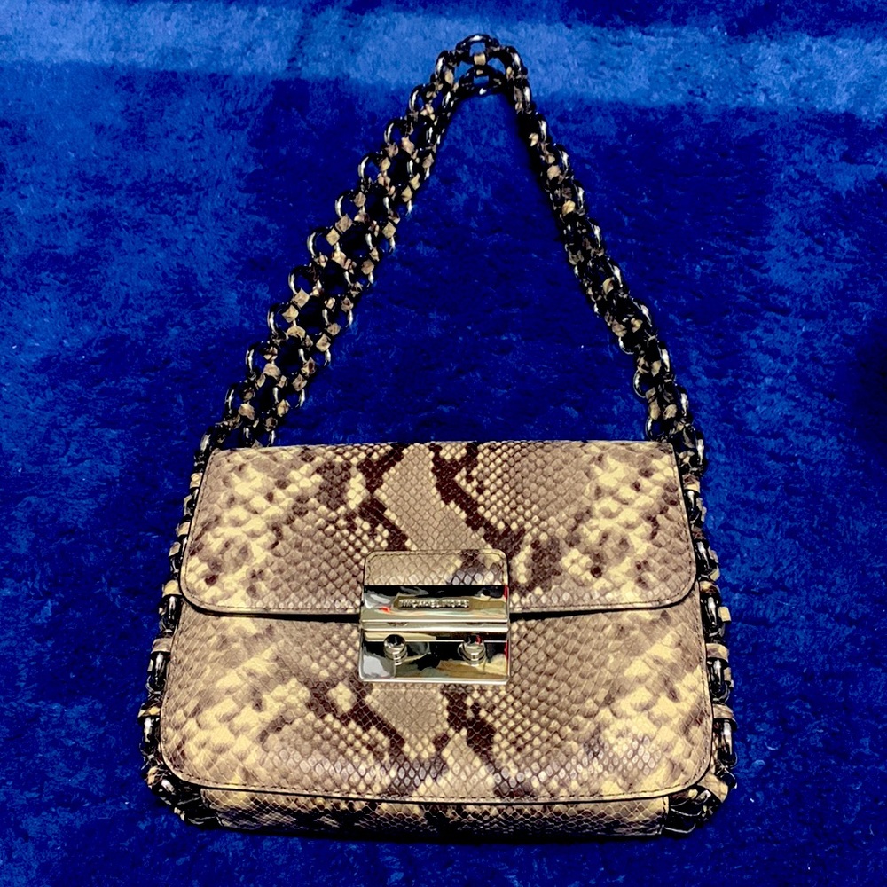 Michael Kors Medium Two-Tone Snake Embossed Leather Shoulder Bag.